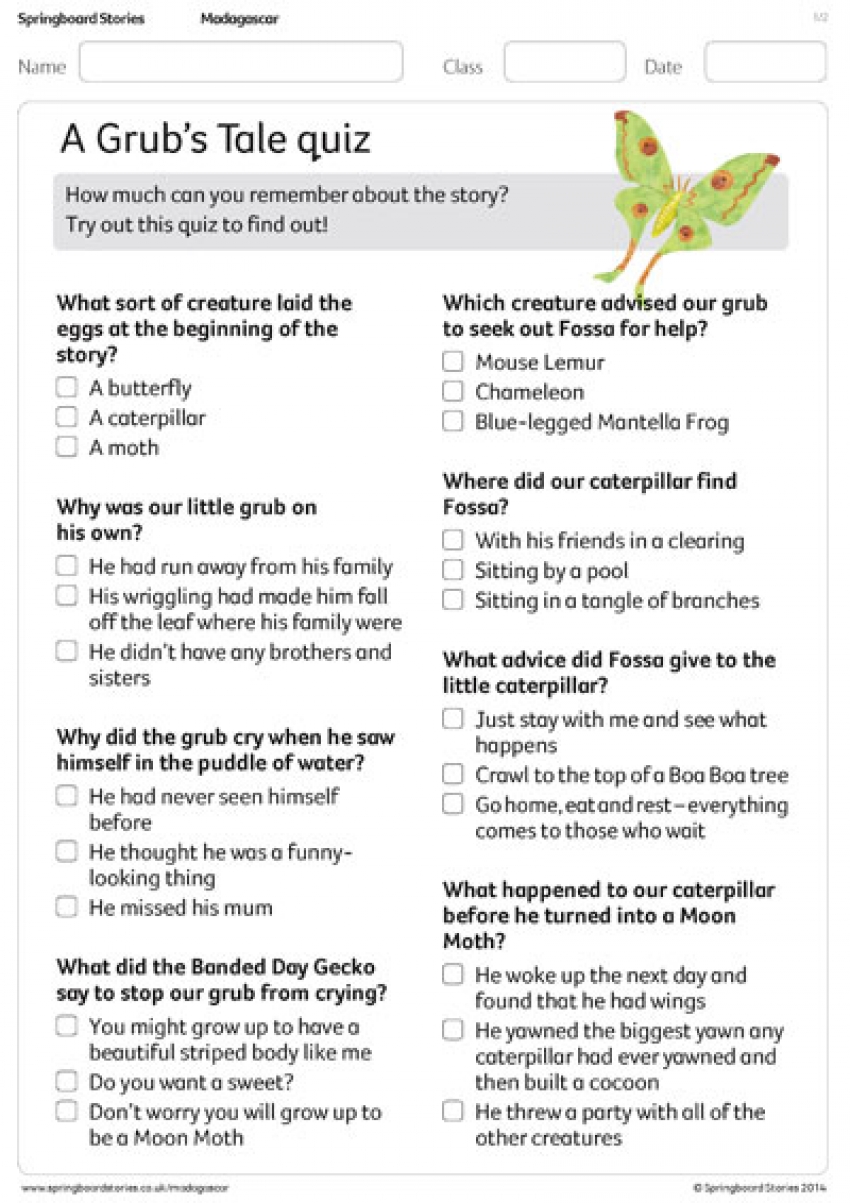 A grub&rsquo;s tale quiz primary activity sheet resource