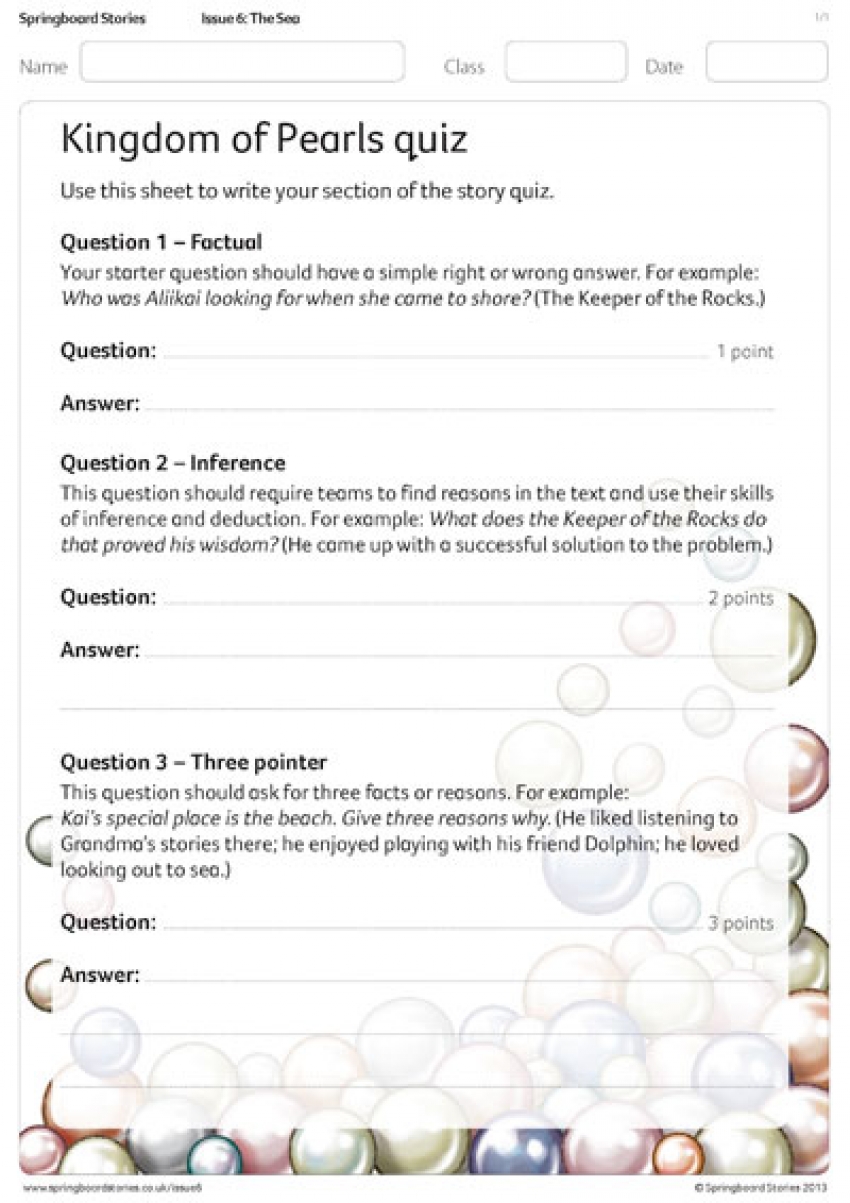 Kingdom of Pearls quiz primary resource